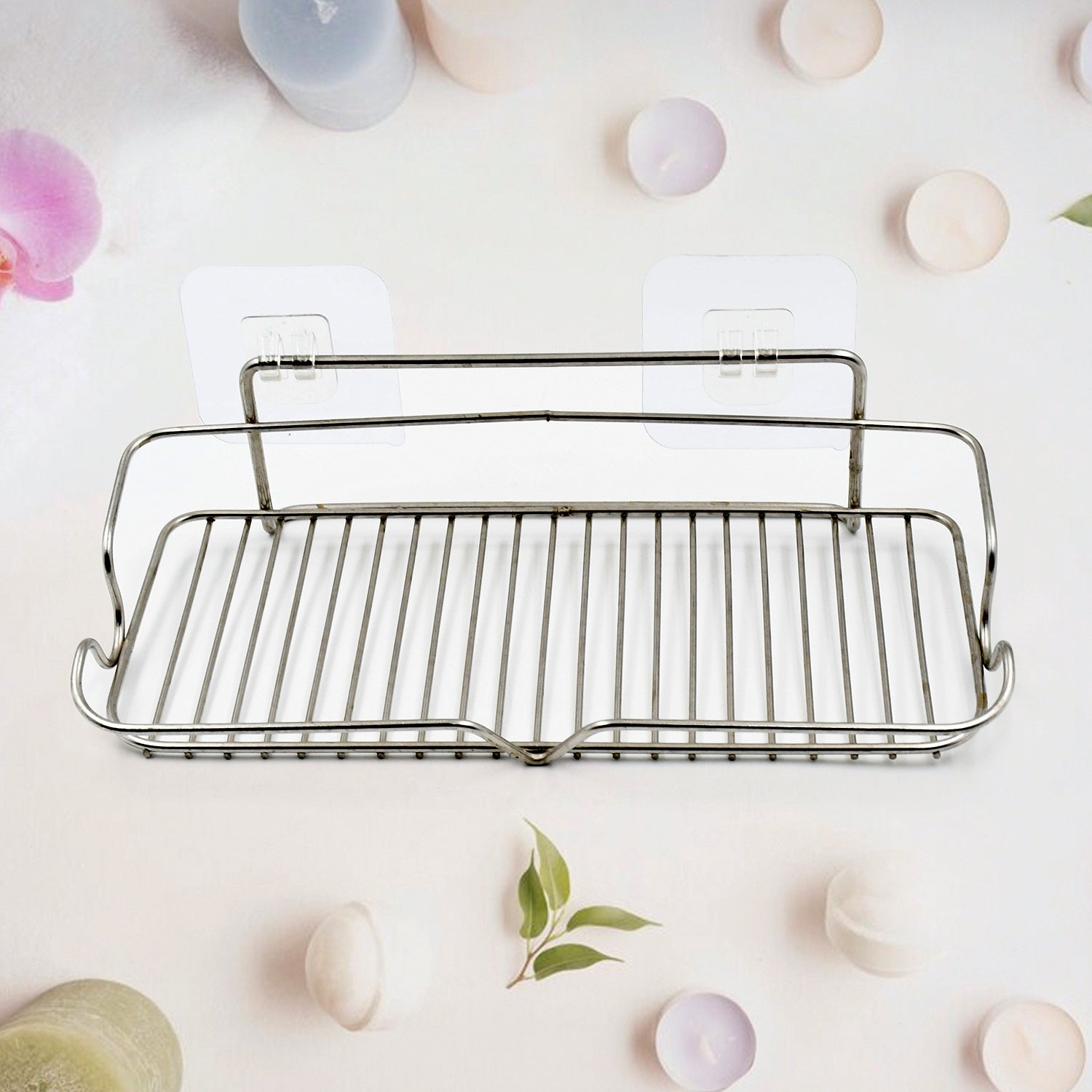 Stainless Steel Kitchen Bathroom Shower Shelf Storage Suction Basket Rack With 2 Hook (1 Pc) Stainless Steel Kitchen Bathroom Shower Shelf Storage Suction Basket Rack With 2 Hook (1 Pc)